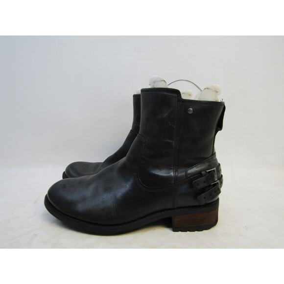 UGG Womens Size 8.5 M Black Leather Buckle Zip Ankle Fashion Boots Bootie - Picture 1 of 11